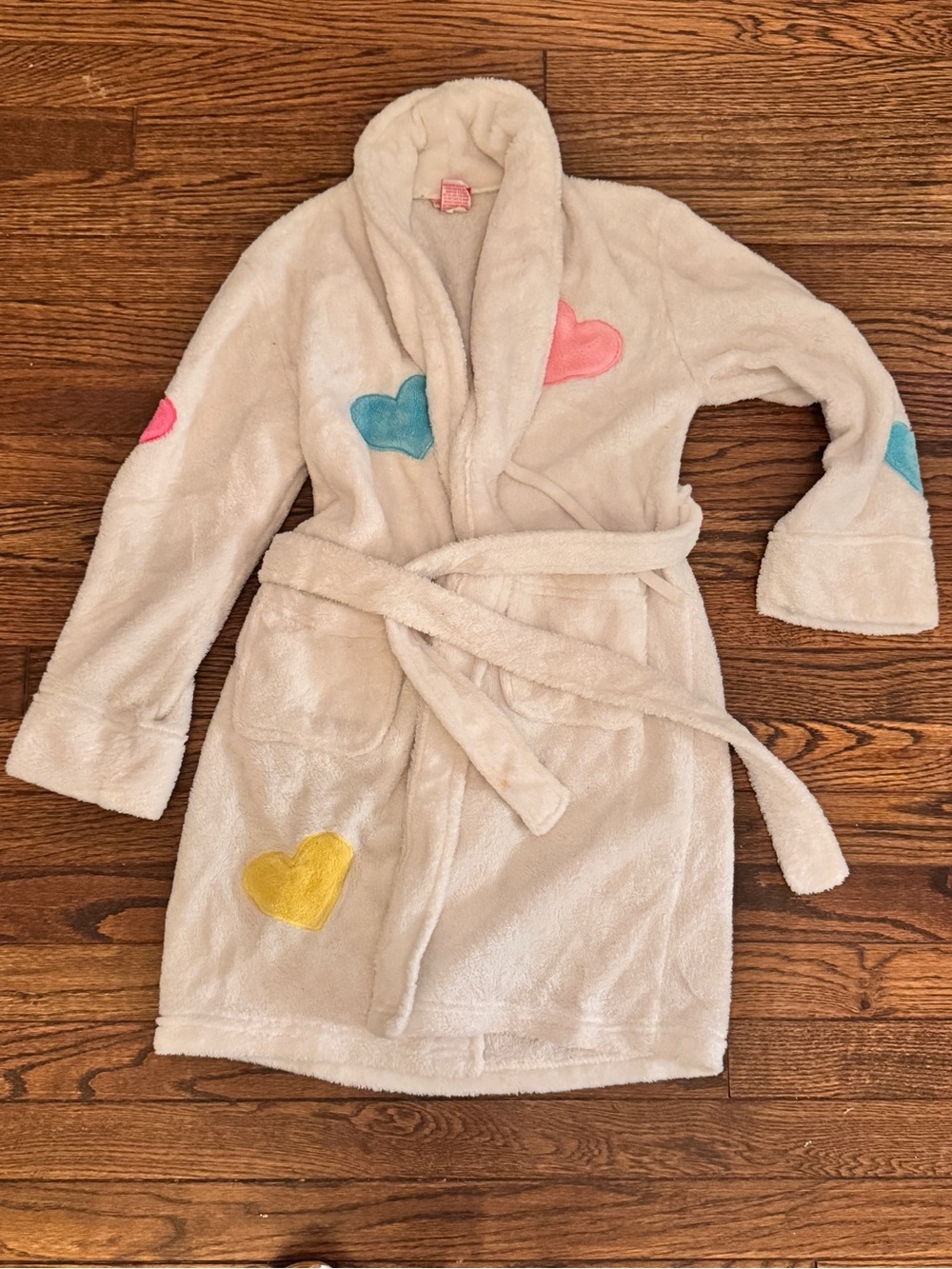 Xhilaration Cream Plush Kids Robe with Pink, Blue & Yellow Heart Appliqués